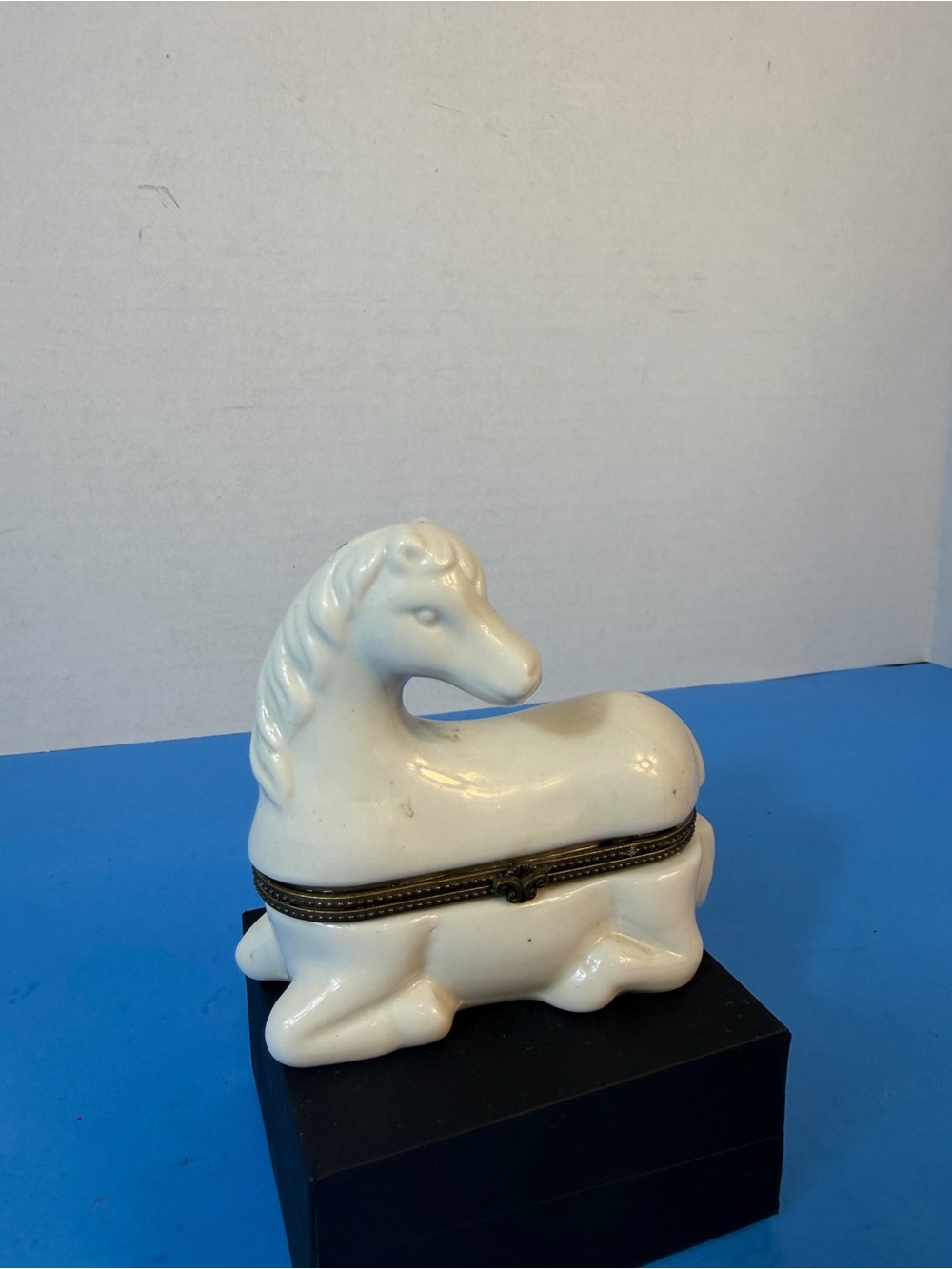 White Ceramic Horse Trinket Box with Brass Trim